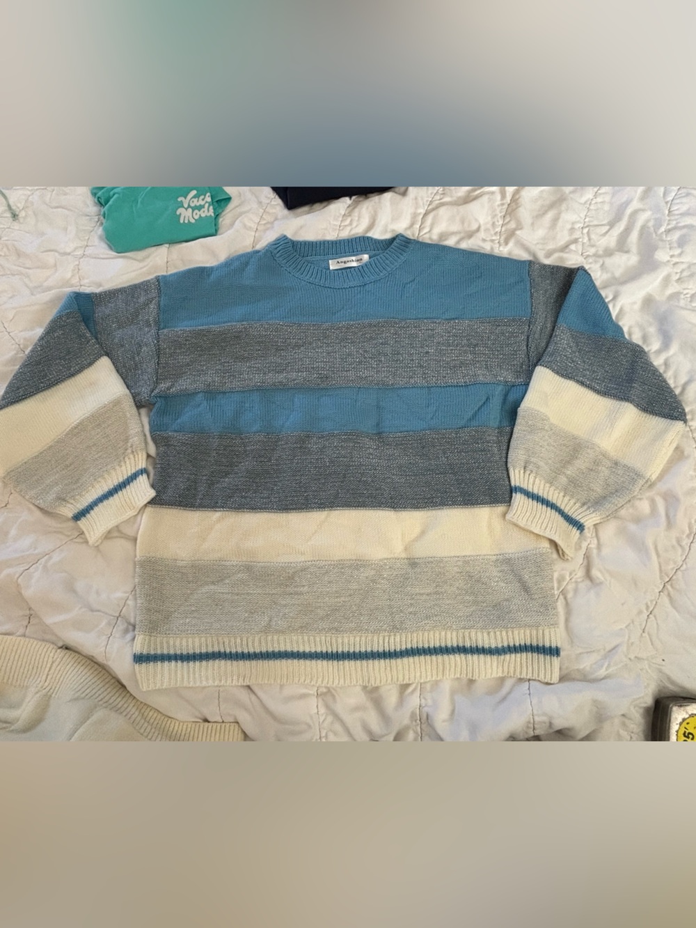 Angashion Blue Metallic Striped Knit Sweater Large Crewneck Sparkle Pullover
